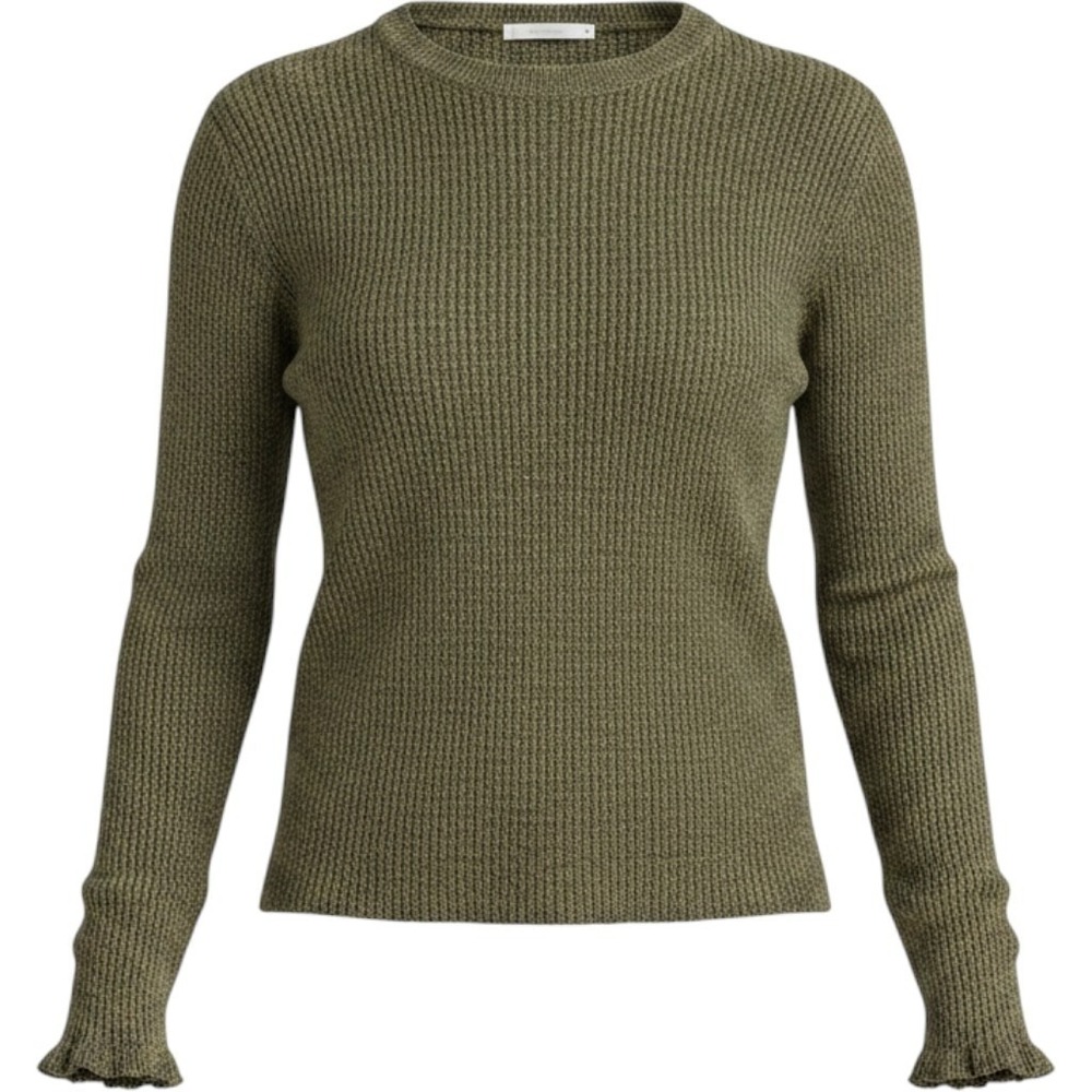 Boden Olive Green Metallic Thread Sweater Sz XL Ruffle Sleeves Semi Sheer Luxury - Picture 2 of 8